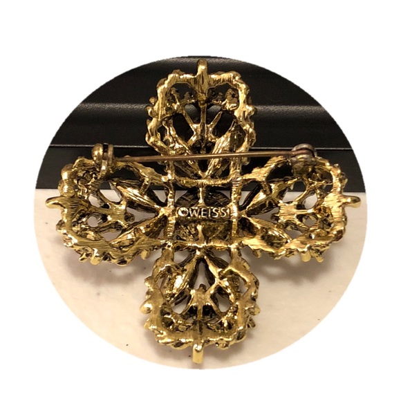 Vintage Weiss Cross Shaped Rhinestone Brooch Pin - Picture 2 of 4